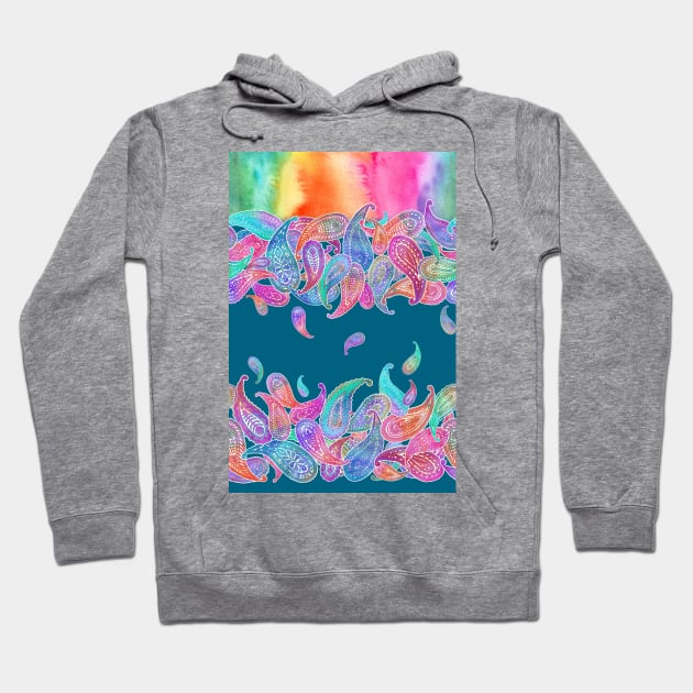 Rainbow Paisley Rain on Blue Hoodie by micklyn